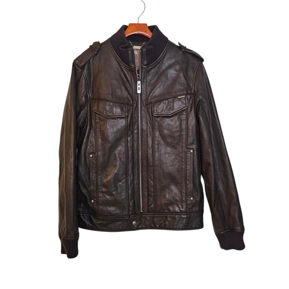Guess Genuine Leather Moto Aviator Bomber Dark Brown Heavyweight Jacket